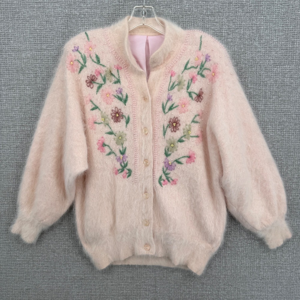 Vtg Jhee Angora Cardigan Sweater Women Pink Floral Beaded Coquette